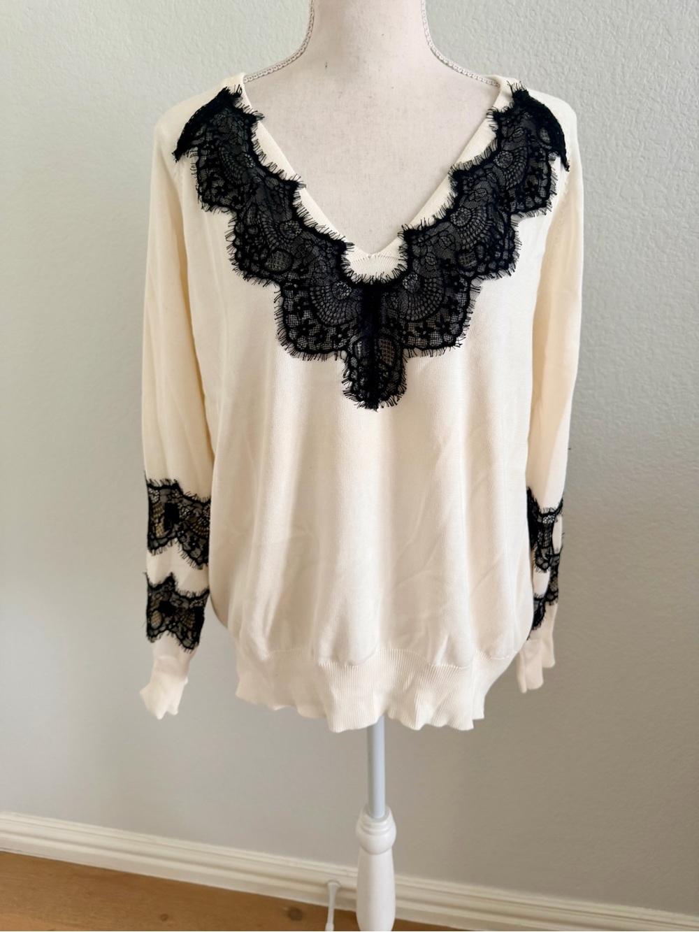 Twinset Cream Black Lace V-Neck Sweater